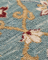 Aqua Blue Wool Oushak Runner Rug Ivory Floral Vine Pattern Carpet Distressed Modern Border Hand Tufted Non-Slip Eco-Friendly
