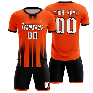 ชุดเสื้อฟุตบอลแบบกำหนดเองสำหรับผู้ชาย คอวี แขนสั้น พิมพ์ลายไล่เฉดสีแบบระเหิด ซับเหงื่อ แห้งเร็ว ผลิตจากโพลีเอสเตอร์/คอตตอน 320 กรัม พร้อมปักชื่อทีม - Product Image 5