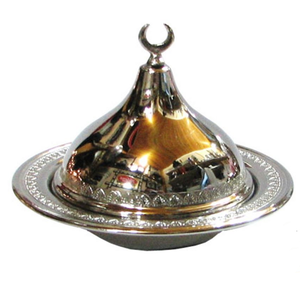 Bol à dattes en acier inoxydable finition argent brillant avec couvercle en forme de croissant de lune, accessoires de cuisine en métal pour servir les noix - Product Image 1