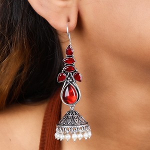 Wholesale <b>Oxidized</b> Silver Red Gemstone Bollywood Jhumka Earrings Bulk Supplier Direct Factory Manufacturer - Product Image 6
