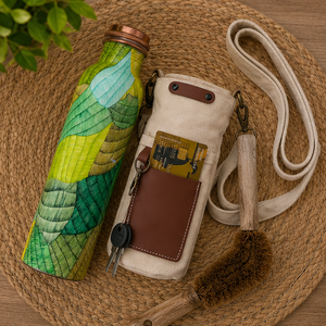 Bouteille en cuivre botanique vert héritage avec étui en toile – Écologique, portable, multi-usage pour la maison avec dessous de verre et couvercles - Product Image 1