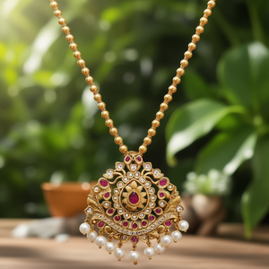 Matte Finish Gold Plated Designer <b>Necklace</b> <b>Set</b> with Zircon and <b>Pearl</b> - Product Image 2