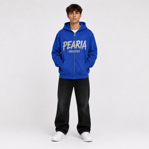 Sweat-shirt à capuche zippé bleu en molleton de coton avec poche graphique imprimée sur le devant, épais, personnalisable, pour l'hiver, style décontracté - Product Image 4