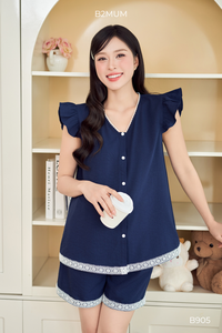 B2 MUM B905 Maternity <b>Lace</b> Shorts Set 100% Linen Breathable Fabric Pockets Adjustable <b>Elastic</b> Waistband Summer Women's Wholesale - Product Image 2