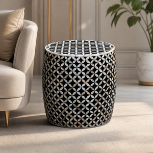 Geometric Bone Inlay Drum Side <b>Table</b> Round Accent <b>Stool</b> Modern Living Room Ottoman - Product Image 4