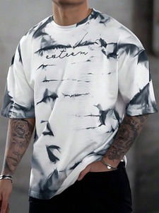 <b>Tie</b>-Dye Men's white Regular Fit Short Sleeve O-Neck Formal T-Shirt Front Logo Print 100% Cotton <b>Knitted</b> Loose Fit Oversized - Product Image 2