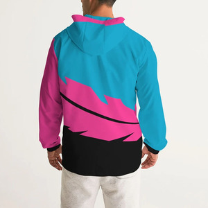 Chaqueta de carreras con capucha para hombre, estilo urbano, cortavientos, con bloques de color turquesa, rosa y negro, cremallera frontal, estampado de plumas, poliéster - Product Image 5