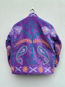 Hand Embroidered Purple <b>Velvet</b> Suzani <b>Jacket</b> With Floral Pattern Full Sleeve Stand Collar Bohemian Winter Outerwear - Product Image 2