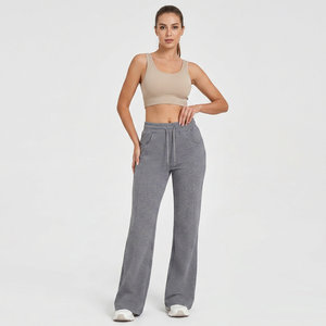 Pantalones de Mujer de Cintura Alta y Pierna Ancha, Color Sólido, Tejido de Algodón y Spandex, con Cordón Ajustable, Corte Holgado, Largos, Color Gris, Bangladesh - Product Image 3