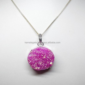 Pendentif Géode Druzy Agate Rose Cristal Naturel Poli Améthyste Jade Pierre Collier Guérison Pendule Motif Amour Pierre Précieuse - Product Image 1