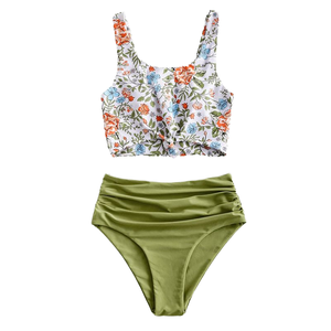 Ensemble de maillot de bain deux pièces extensible pour femme, haut tankini floral et bas froncé taille haute, collection 2026, fabriqué au Pakistan - Product Image 1