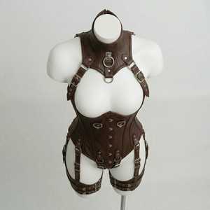 Ensemble de Lingerie Gothique Punk Sexy en Cuir Premium avec Corset à Lacets, Soutien-Gorge Cage, Collier Ras du Cou et Sangles de Cuisses – Grande Taille - Product Image 4