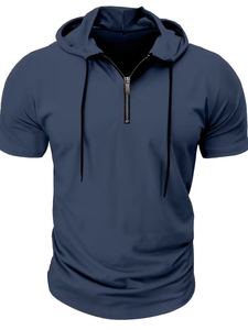 Men's Hooded Short Sleeve T-Shirt Solid Color Quick Dry Regular Fit Casual Knitted Polyester Jersey 200g Blue - Product Image 5