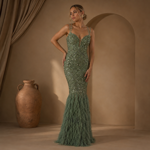 Luxury Sage Green Beading Embroidery Mermaid Gown | Feather Hem Sweetheart Neck Modern Floor-Length Evening Dress | Natural - Product Image 2