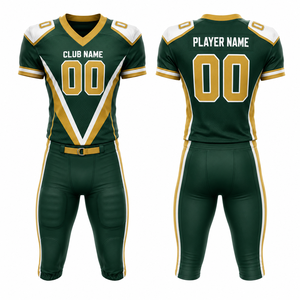 Ensemble de maillots de football américain personnalisés pour hommes, vert et or, imprimé par transfert thermique, col en V, manches courtes, uniforme ajusté respirant - Product Image 1