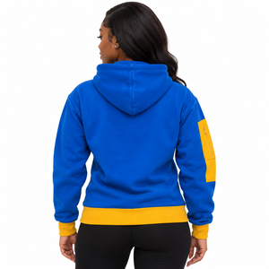 Sweat à capuche demi-zip bleu roi Sigma Gamma Rho, motif crête 1922, cordon de serrage jaune, poche kangourou, manches longues, pour sororité grecque - Product Image 2