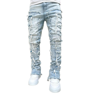 Jeans Rotos Desgastados Unisex, Corte Ajustado, Recto, Holgado, Estilo Urbano, Pantalones de Mezclilla Apilados, Lavado Vintage, Estilo Y2K, 100% Algodón - Product Image 1