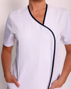 Tunique d'uniforme de spa pour femme, col asymétrique, vêtement de travail pour esthéticienne, salon de beauté, coiffeuse, avec passepoil contrastant, vente en gros personnalisée - Product Image 2