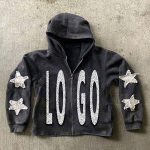 Sudadera con capucha oversize de algodón con cremallera, efecto desgastado, bordado y parches, lavado ácido y efecto descolorido por el sol, estilo streetwear. - Product Image 5