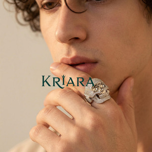Men's 925 Silver 18K Solid Gold Punk <b>Skull</b> <b>Ring</b> With Round Brilliant Cut Lab Grown Diamonds D Color Everyday Wear - Product Image 3