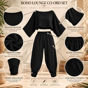 <b>Black</b> Lounge Co Ord Set for Women | Bell <b>Sleeve</b> Crop <b>Top</b> Tapered Harem Pants Elastic Waist Pockets Casual Relaxed Two Piece Wear - Product Image 3