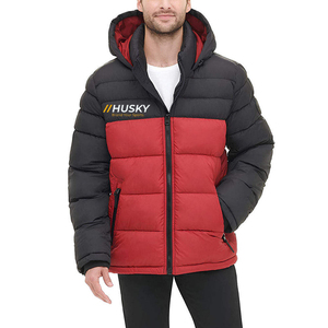 HUSKY Men's Hooded Puffer <b>Jacket</b> Red Black Color Blocking Windproof Winter Casual Zipper Front Logo Thick Quilted Coat - Product Image 3
