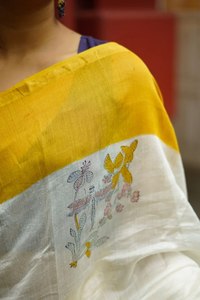 <b>Yellow</b> Floral Printed Cotton <b>Saree</b> With Dupatta Traditional Indian Women's Wear For Diwali Occasion - Product Image 5