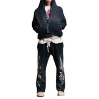Pantalon de survêtement unisexe en coton épais à taille mi-haute et jambe large avec motif flamme, coupe ample élastique, style streetwear et hip-hop