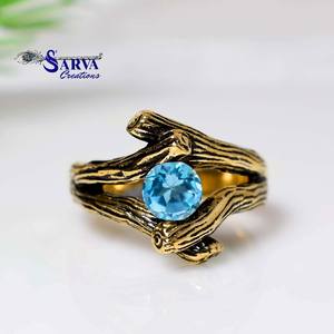 Anillo de Topacio Azul Natural, Plata de Ley 925, Estilo Bohemio Inspirado en el Bosque, Engaste de Garras, Diseño de Rama Texturizada, Hecho a Mano para Mujer - Product Image 1