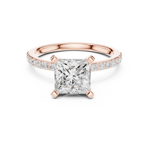 Anillo Solitario de Moissanita con Corte Princesa y Banda con Acentos de Pavé – Anillo de Promesa de Plata de Ley con Baño de Oro Rosa, Regalo para Ella - Product Image 1
