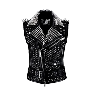 Gilet en cuir PU pour homme, style punk, avec rivets, col montant, vêtement d'extérieur d'hiver, couleur unie, longueur normale, avec clous - Product Image 3