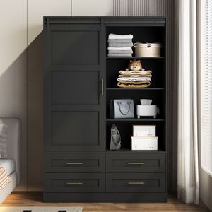 Armadio Alto per Camera da Letto con Asta Appendiabiti, Ante Scorrevoli, Cassetti e Ripiani Aperti per Organizzazione e Conservazione Vestiti - Product Image 5