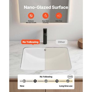 Lavabo Rettangolare in Ceramica Bianca da Incasso 20.87 X 14.76 Pollici con Foro di Troppopieno, Montaggio a Incasso sul Piano - Product Image 3