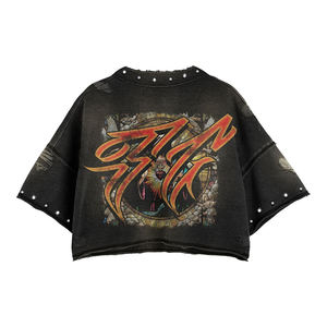 Conjunto de dos piezas de moda urbana para hombre: camiseta extragrande con gráfico personalizado OEM y pantalones cortos de mezclilla rasgados. - Product Image 3