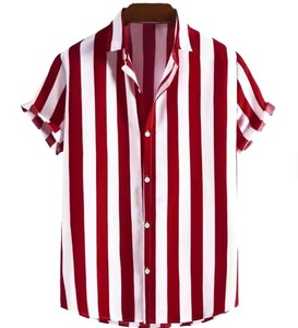 Chemise décontractée pour homme à manches courtes, rayures verticales bleues et blanches, col rabattu, boutonnée, en popeline tissée pour l'été - Product Image 2