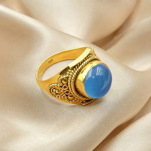 925 Sterling Silver Blue Chalcedony Cabochon <b>Statement</b> <b>Ring</b> Handmade Vintage Artisan Boho Gemstone Gold Plated Rose Gold <b>Ring</b> - Product Image 1