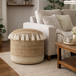 Eco-Friendly Handwoven Round Natural Jute Lightweight Home Pouf <b>Stool</b> Ottoman Inlay Bone Console Handmade Rattan Round Ottoman - Product Image 3