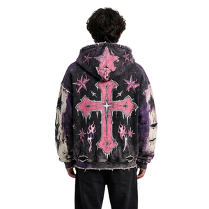 Sweat à capuche Violet Galaxy Bleach Dye en molleton de coton fin, imprimé intemporel, avec poche kangourou et épaules tombantes, confortable - Product Image 2