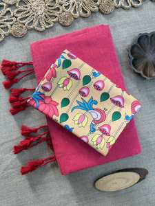 Sari en coton Khadi tissé à la main avec un chemisier imprimé en coton traditionnel - Product Image 3