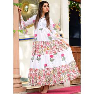 เดรสผ้าฝ้ายคอปกทรงเอไลน์ ระบายอากาศได้ดี ลายบาต้าพร้อมลายจาล  เอวทรงธรรมชาติ เหมาะสำหรับใส่ในชีวิตประจำวัน - Product Image 1