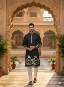 Exclusive Celebrity Silk Festive <b>Kurta</b> Gold Foil Embroidery Cotton Pajama Ready Made Traditional Ethnic Wedding Attire Kids' All - Product Image 3
