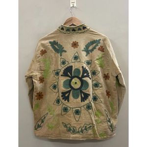 Hand Embroidered Velvet Knitted Cotton <b>Jacket</b> Women <b>Mandarin</b> <b>Collar</b> Full Sleeve Floral Pattern Open Front Prairie Winter/Spring - Product Image 2