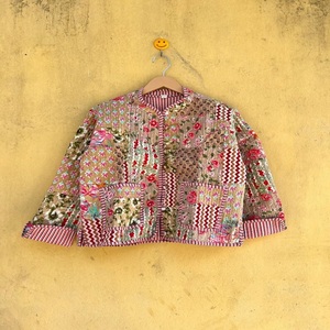 Veste en coton matelassée Prairie Chic avec col mandarin, manches trois quarts, motif patchwork, style printemps, manteau pour femme - Product Image 1