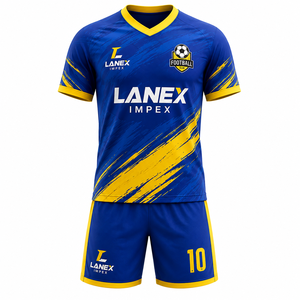 ชุดทีมฟุตบอลสั่งทำระดับมืออาชีพ สีน้ำเงิน-เหลือง เสื้อฟุตบอลและกางเกงขาสั้นเข้าชุด ชุดยูนิฟอร์มพรีเมียมแบบซับลิเมชั่น สำหรับสโมสรฟุตบอล - Product Image 1