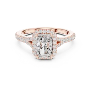 Anillo de compromiso unisex de lujo con halo de diamantes cultivados en laboratorio de corte radiante de 1 quilate, banda pavé de oro macizo de 14k/18k y tallo dividido para hombre y mujer - Product Image 5