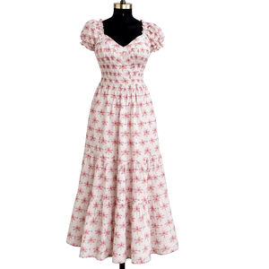 เดรสผ้าพิมพ์ลายดอกไม้แบบแฮนด์บล็อก คอรูปหัวใจ แขนสั้นพอง เอวยางยืด ยาวแบบแม็กซี่ ผลงานแฮนด์เมดชิ้นเอก - Product Image 1