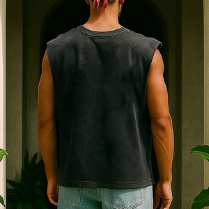 Camiseta sin mangas para hombre, negra, estilo vintage, lavada, de corte holgado, de algodón doble suave, cuello redondo, color liso, para hip hop, entrenamiento y gimnasio - Product Image 2