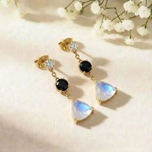Rainbow Moonstone Trillion Cut & Black Obsidian Round Faceted Drop <b>Earrings</b> With CZ Accent Elegant Handmade Gemstone Stud <b>Dangle</b> - Product Image 3
