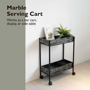 Chariot roulant de style industriel avec double étagère en bois, cadre métallique, chariot de rangement utilitaire avec roues pivotantes fluides - Product Image 3