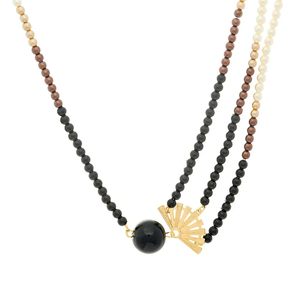 Women's Faux Pearl Beaded Necklace With Black Onyx And Gold Plated Fan Pendant Classic Layered Design For Everyday Wear - Product Image 3